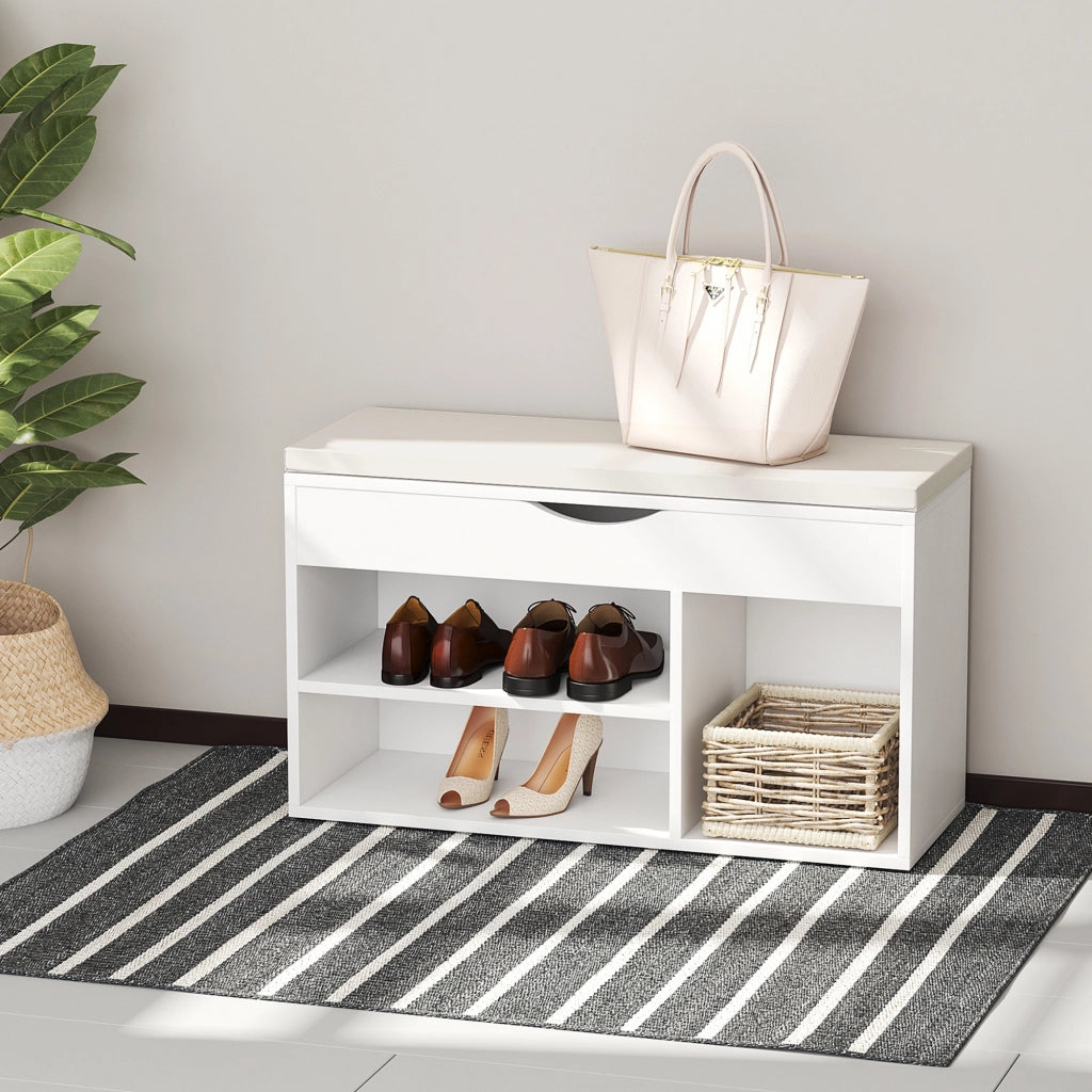 Scarpiera con panca e cassetto ¨C zephmum ¨C bianco, legno, 80x30x47 cm