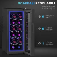 Cantinetta Frigorifero per 12 Bottiglie con Doppio Controllo Temperatura, Ripiani Regolabili e Luci, Nero