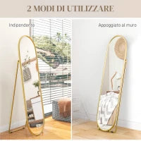 Specchio Verticale Ovale da Terra con Supporto, in Vetro e Metallo, 40x41x159 cm, Tonalità Oro