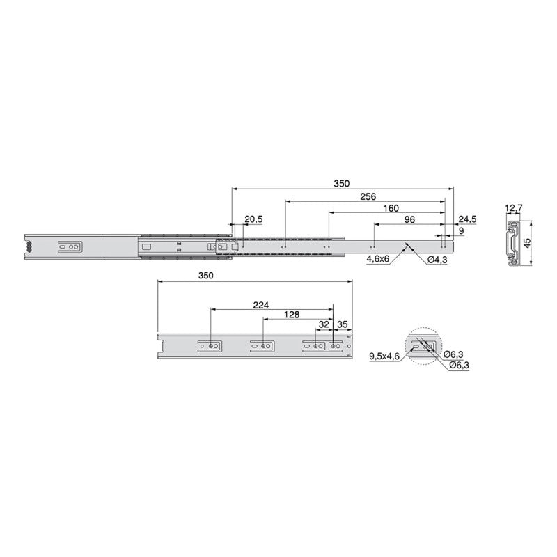 Set di guide a sfera per cassetti a estrazione totale, altezza 45 mm, lunghezza 400 mm, Acciaio, Zincato bianco
