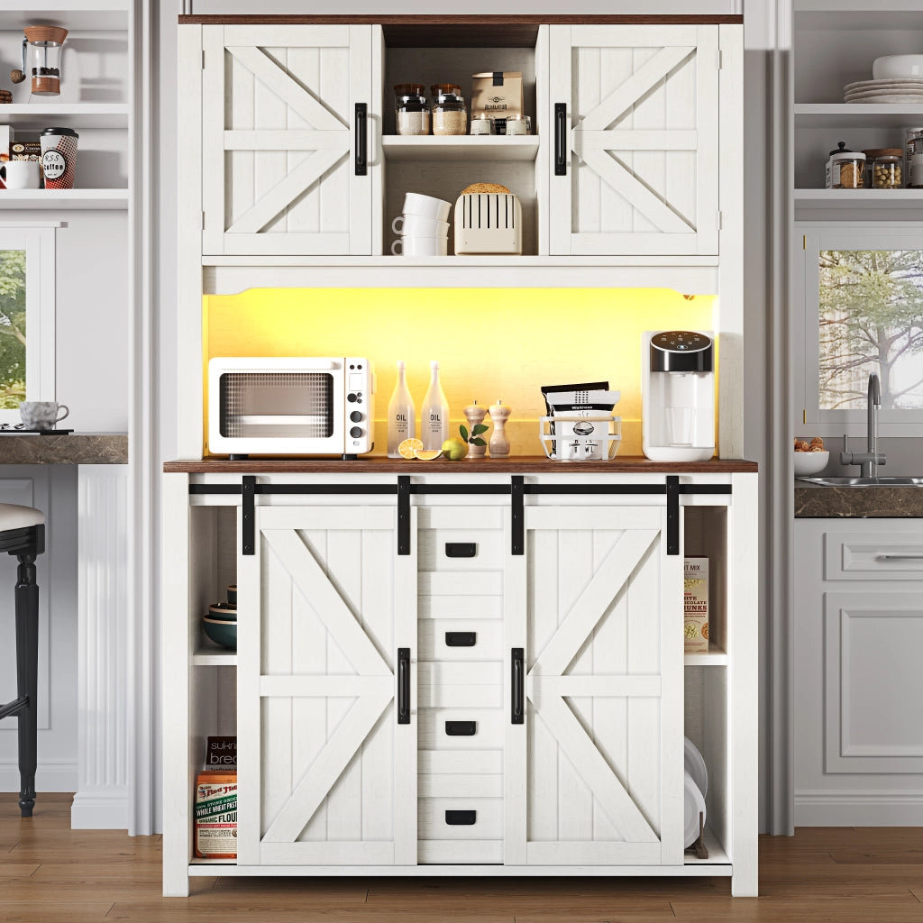 Credenza Alta da Cucina con Ante Scorrevoli; Vano Aperto; 2 Cassetti e LED; in MDF e Metallo; 115 x 40 x 174;7 cm; Bianco