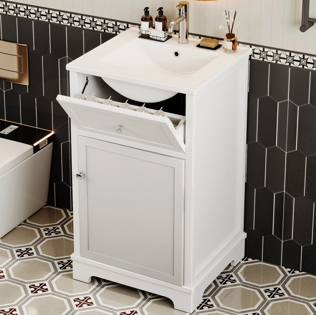 Mobile bagno con lavabo integrato in ceramica bianco, vano contenitore e ripiano regolabile