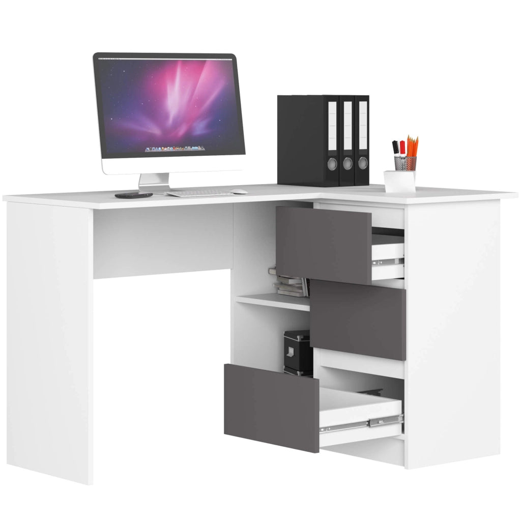 Scrivania angolare AKORD B16 Bianco 124 cm 3 cassetti inserto frontale Grigio Grafite 124x85x77 cm Modello a destra