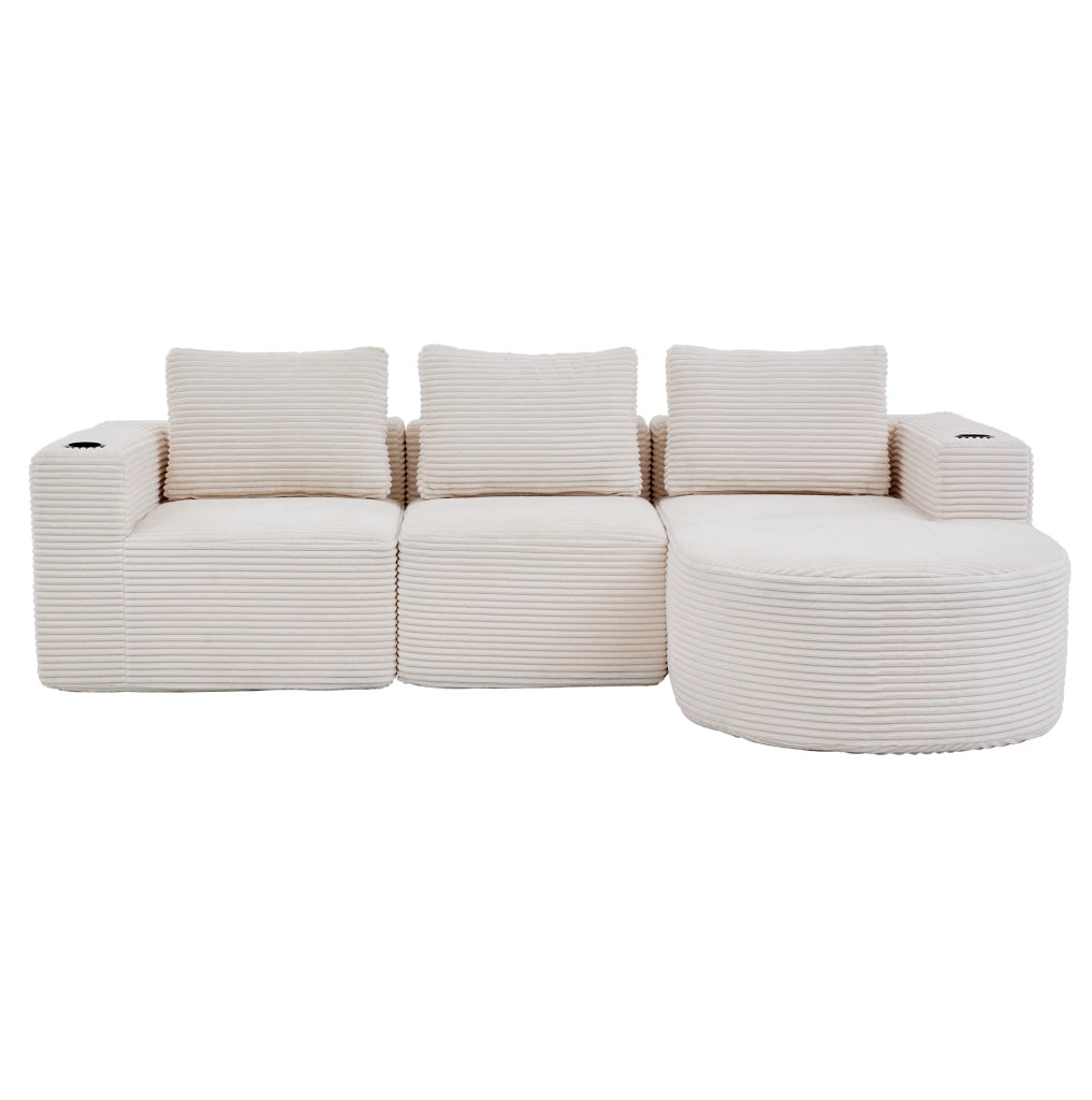 Divano imbottito in poliestere beige con 3 cuscini e portabicchieri HOMVRA