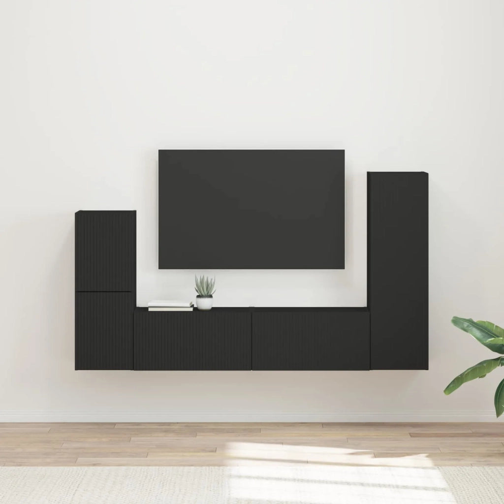 Set mobile TV Montaggio a parete 4 pcs Nero Legno multistrato