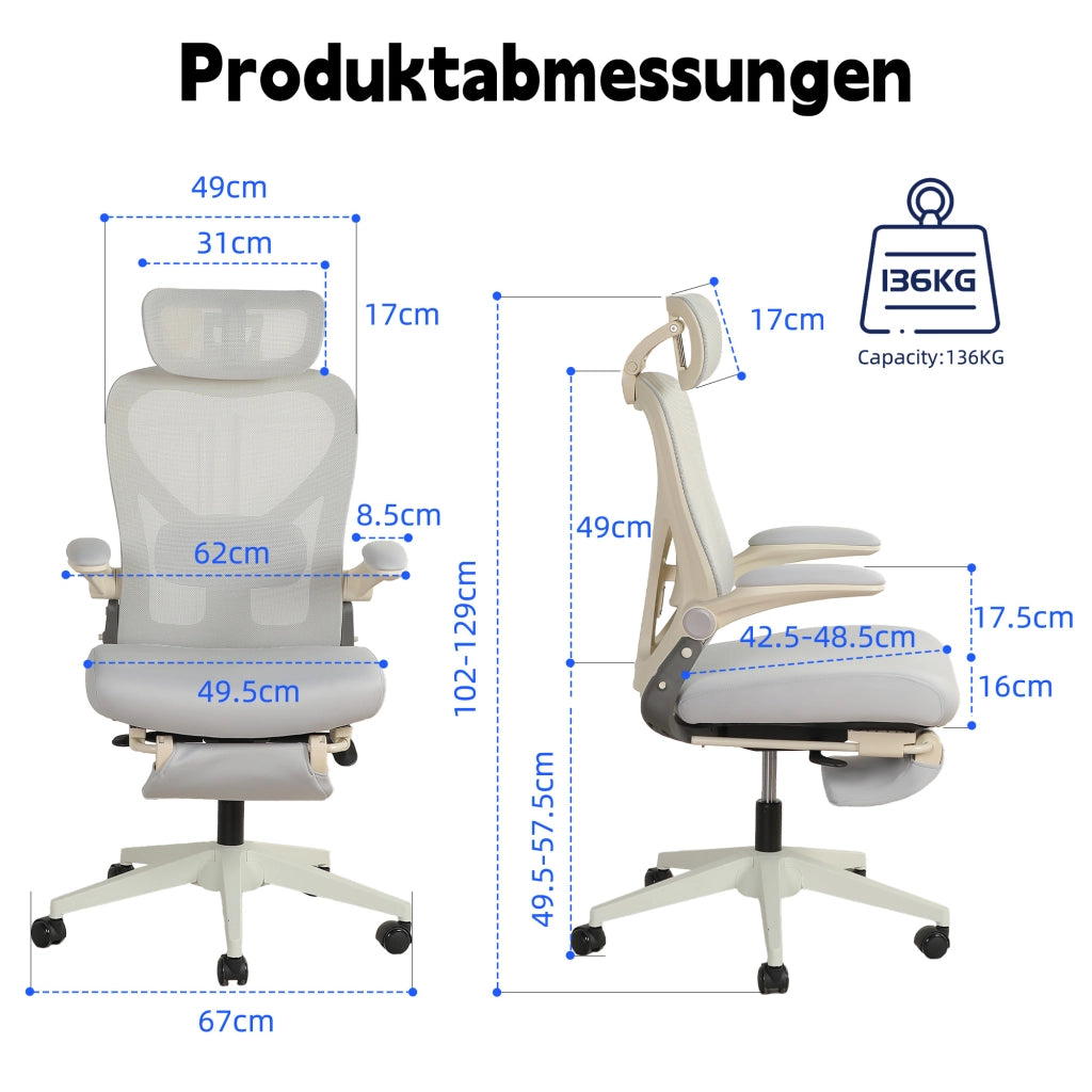 Sedia da ufficio ergonomica pieghevole con supporto lombare, poggiatesta 3D e funzione di inclinazione in schiuma grigio
