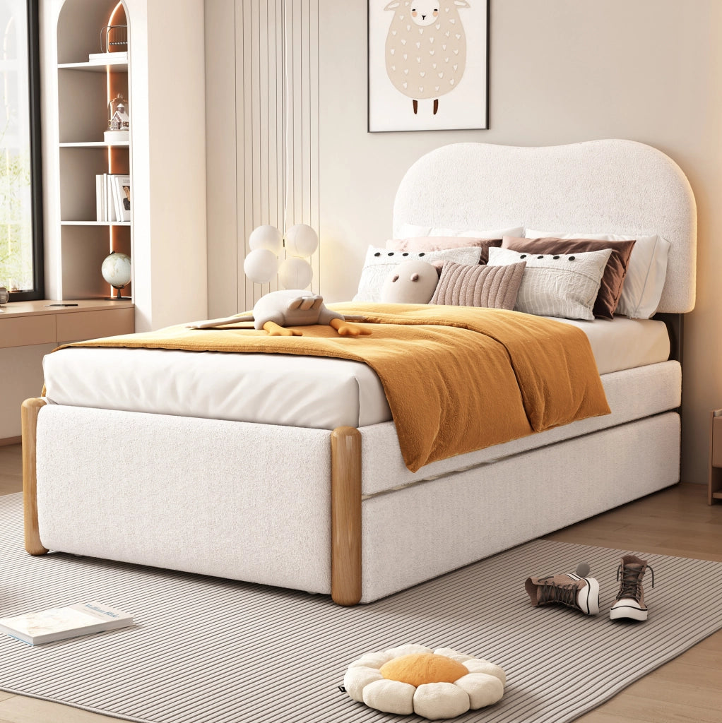 Letto imbottito 90x200 cm con letto estraibile; MDF e plush; bianco