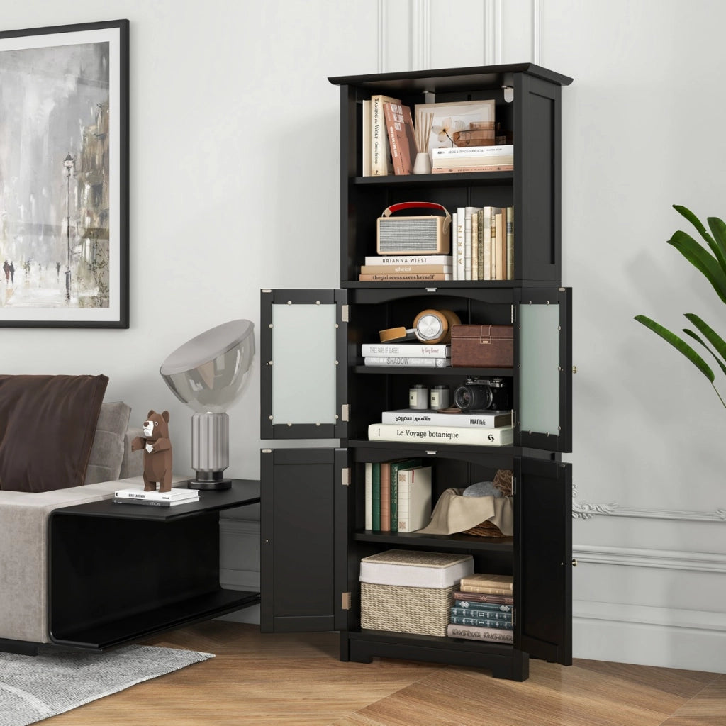 Armadio 163cm con 2 armadietti scomparti aperti ripiani regolabili ante in vetro-Buffet Organizzatore da pavimento Nero