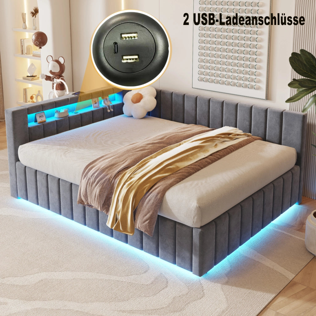 Letto Contenitore Matrimoniale 140x200 cm; USB e LED; con Schienale - in Velluto - Grigio