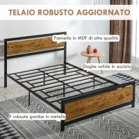 Struttura Letto Una Piazza e Mezza in Legno e Acciaio con Doghe in Stile Industriale, 140x200cm