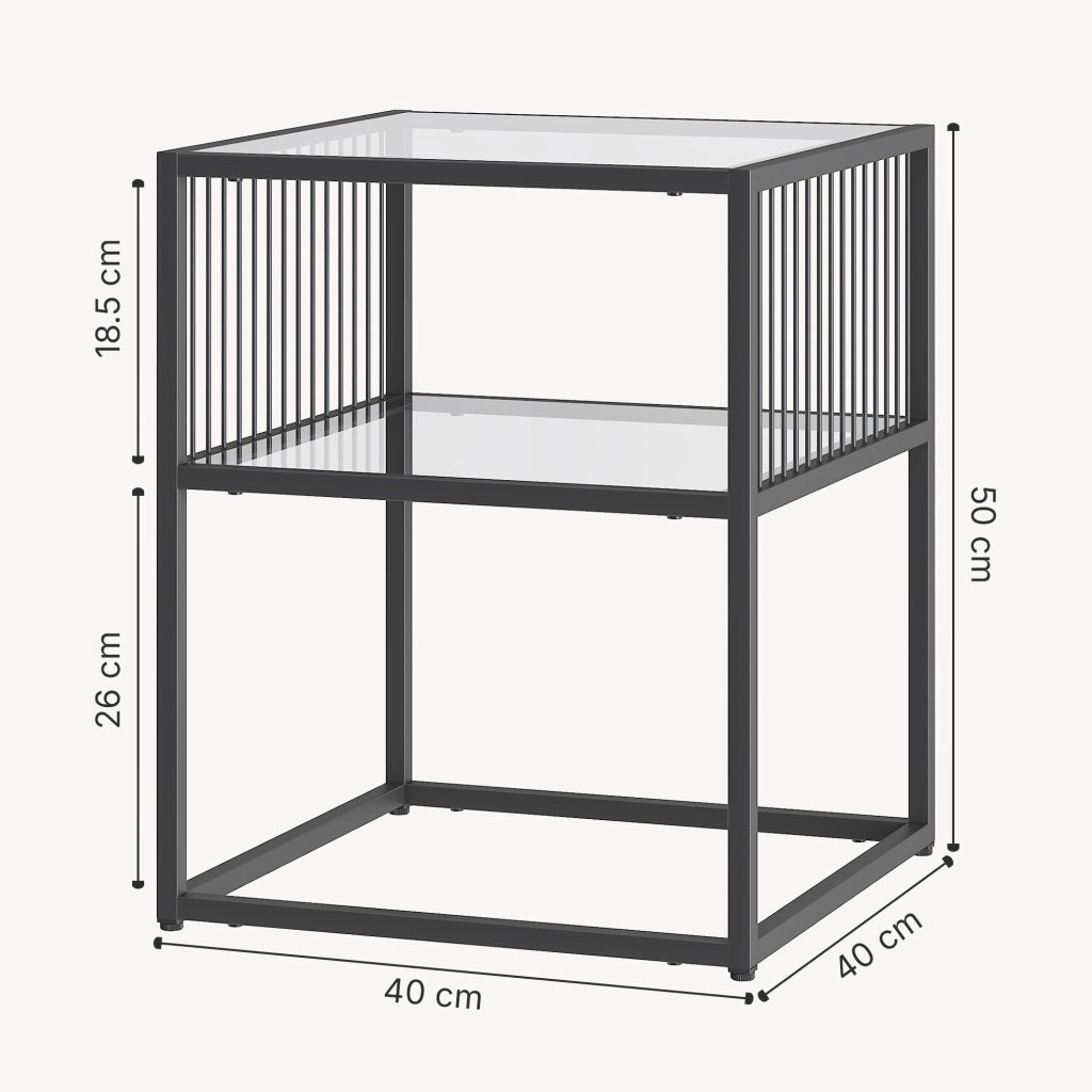 Tavolino Laterale Tronevn con Piano e Ripiano in Vetro Temperato 50 x 40 x 40 cm - Nero [en.casa]