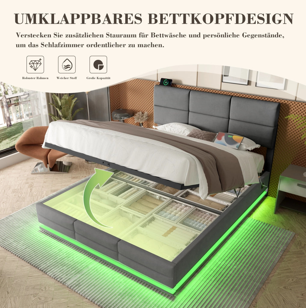 Letto matrimoniale 160x200 cm in velluto grigio con LED e USB