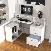 Scrivania Ufficio con 2 Tavoli, 4 Ripiani, 3 Cassetti e Supporto per Monitor, in Legno, 138.5x90x92 cm, Bianco