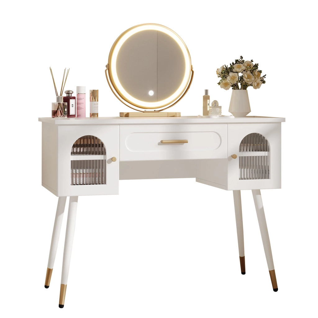 Toeletta con specchio LED; 1 cassetto e 2 ante; per camera da letto; 100×42×112 cm; bianco oro