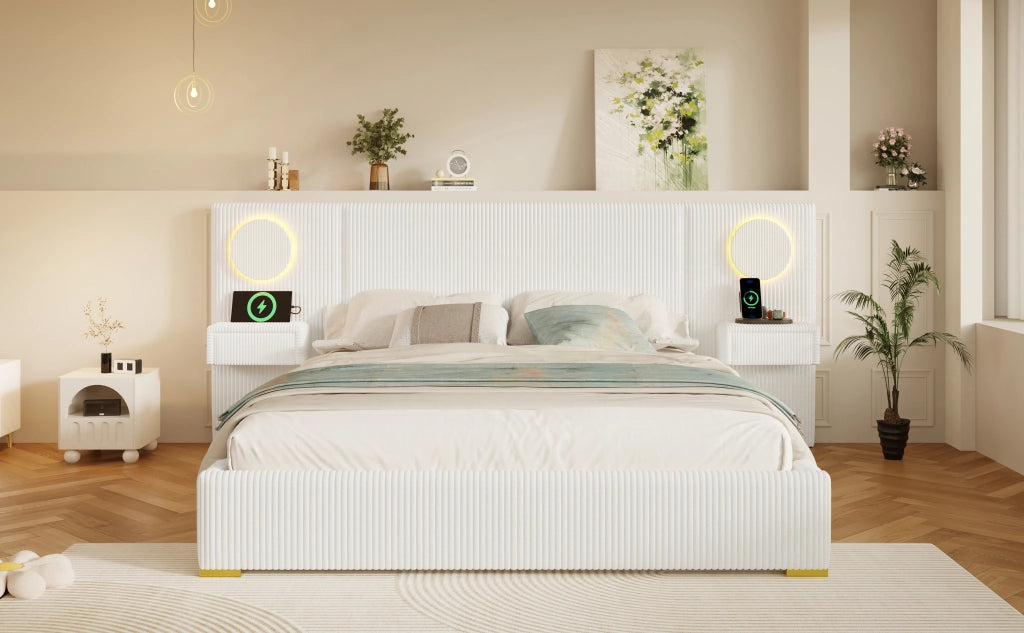 Letto matrimoniale 180 × 200 cm con testiera LED, porte USB e comodini con cassetti, senza materasso, beige