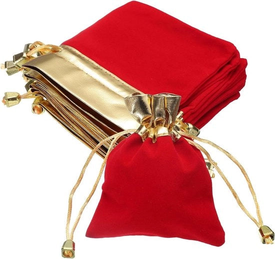 Set di 12 sacchetti di velluto con cordino per gioielli, regali e altro - Rosso oro, 9 x 11 cm