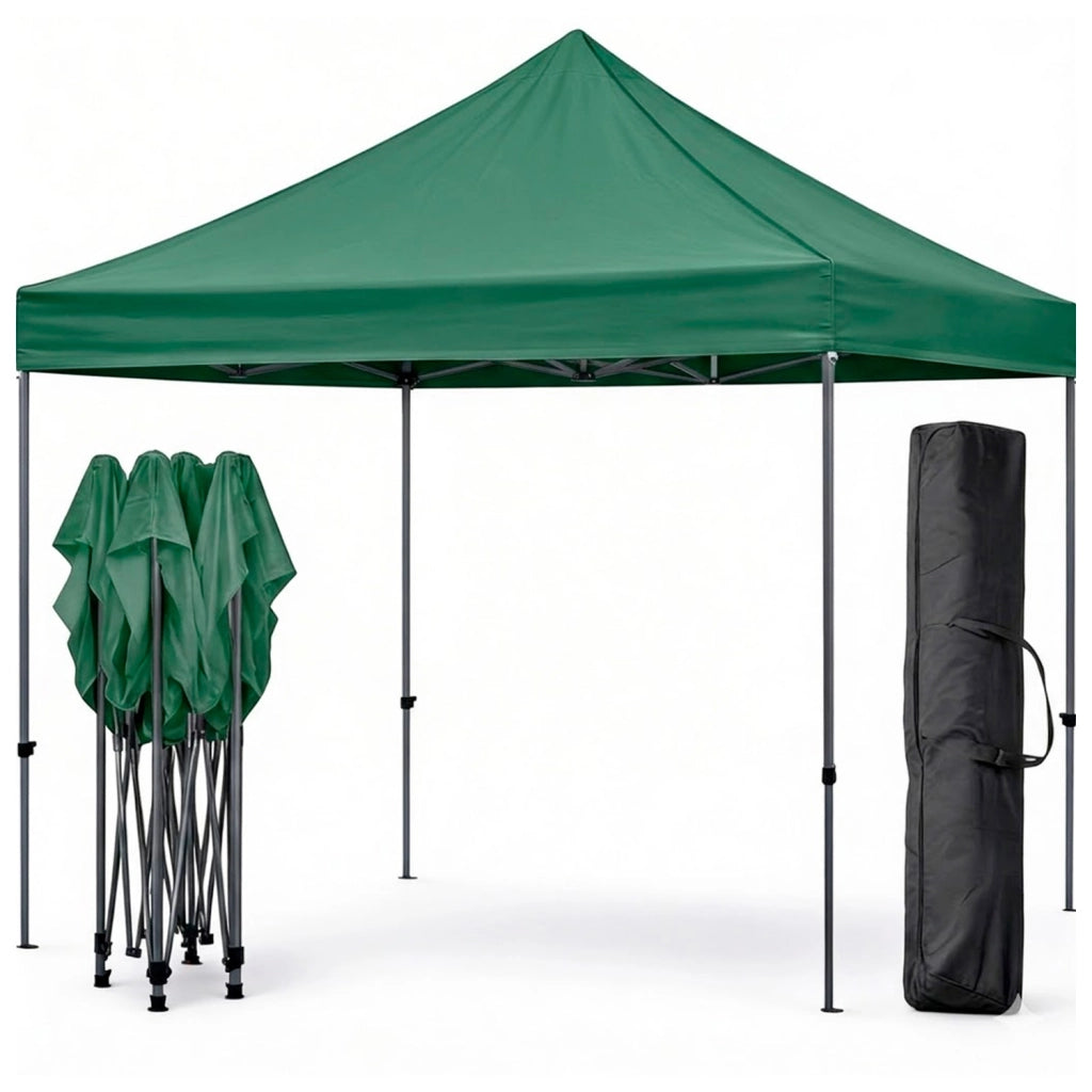 Gazebo Professionale Con Struttura A Fisarmonica Richiudibile Automatico In Acciaio E Telo Oxford 1200D PVC Impermeabile E Anti UV Dotato Di Sacche Zavorra E Borsa Trasporto Per Sagre Feste Eventi 3x3 M Verde