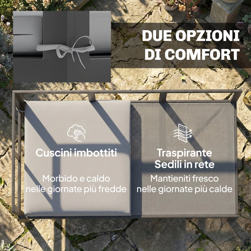 Set 3 Pezzi da Giardino con Divano Angolare Modulabile 4 Posti e Tavolino a Doghe in Metallo e Poliestere Grigio