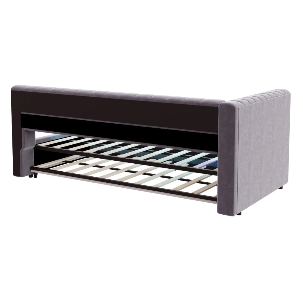 Divano letto imbottito estraibile 90x200 cm con LED; porte USB e Type-C; velluto grigio chiaro
