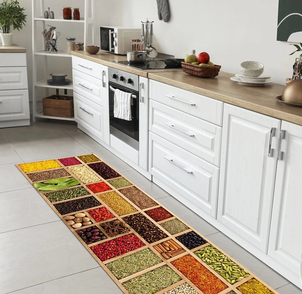 Tappeto Cucina Antiscivolo Made in Italy Passatoia Antimacchia Multiuso Corridoio Soggiorno Lavabile in Lavatrice - 50x150 - Riquadri di spezie