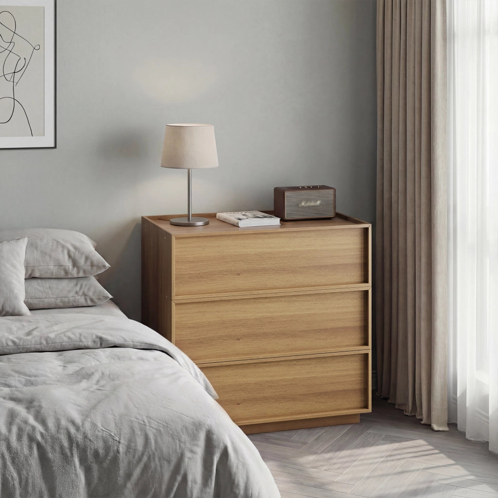 Cassettiera moderna con 3 cassetti, colore rovere, in MDF e truciolare, 80x48x78 cm