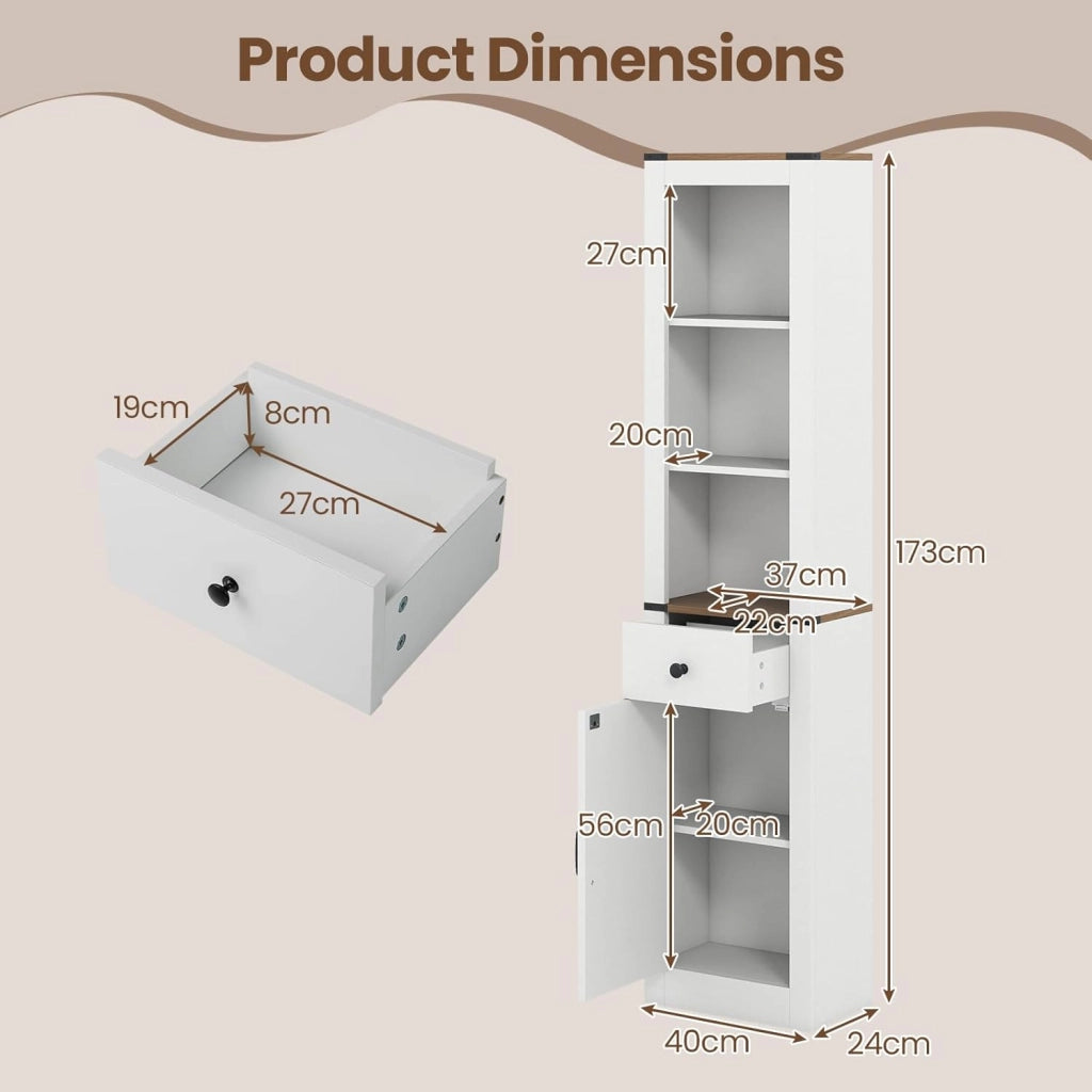 Mobile bagno, colonna bagno con cassetto scorrevole, ripiano regolabile e 3 scomparti aperti, armadio portaoggetti stretto per soggiorno, lavanderia, cucina, bianco