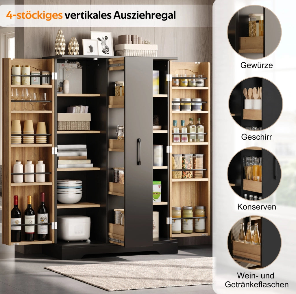 Credenza da cucina con portaspezie e cassetto estraibile a 4 livelli; MDF nero; 120 x 78 x 35 cm