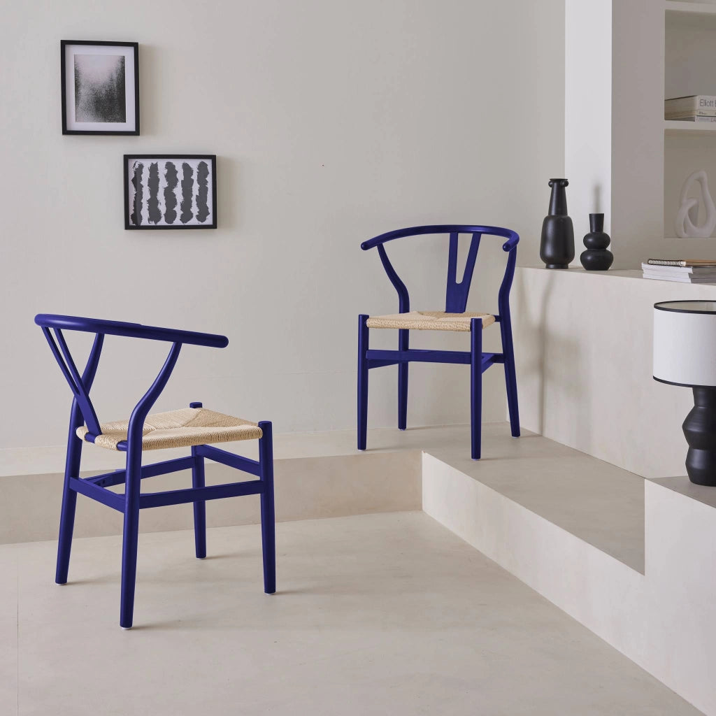 Set 2 sedie in legno con seduta in corda, blu