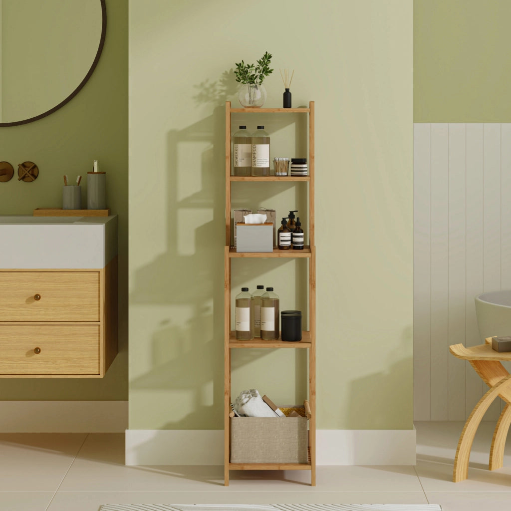 Scaffale da Bagno Anun in Bambù con 4 Scomparti Aperti 128 x 30 x 30 cm - Color Naturale [en.casa]