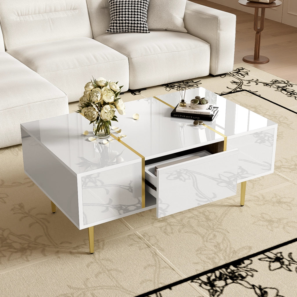OKWISH Tavolino da Salotto Rettangolare con 2 Cassetti, Finitura Lucida, per Soggiorno, MDF, Bianco, 100 x 60 x 41.5 cm