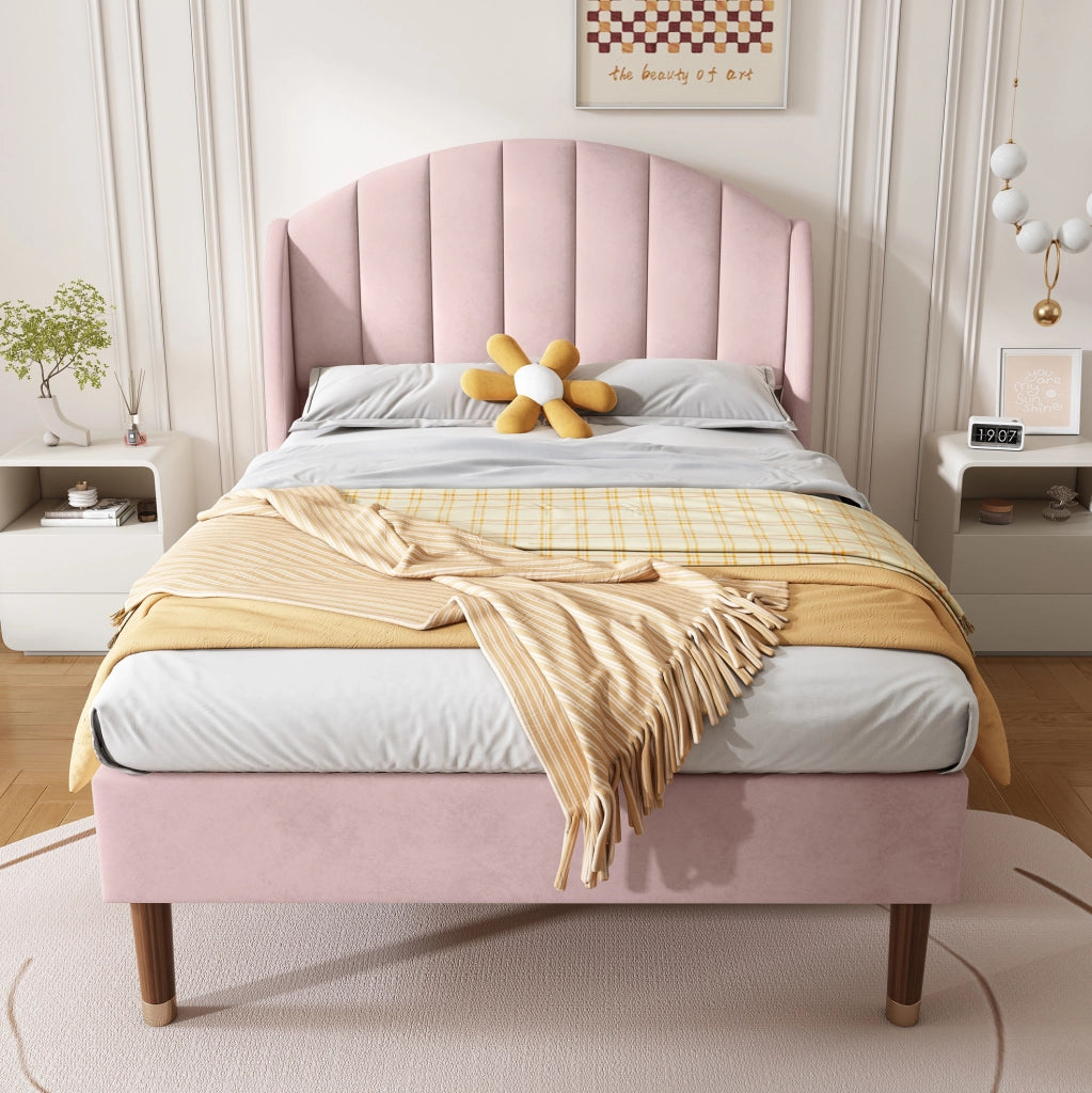 Polsterbett 90x200 cm in velluto rosa con rete a doghe e testiera