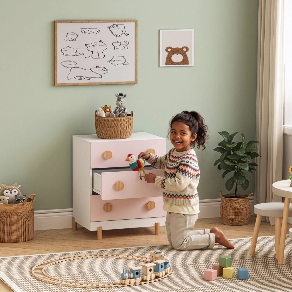Cassettiera Vaarentaa per Cameretta con 3 Cassetti 66x55x41 cm - Bianco/Rosa [en.casa]