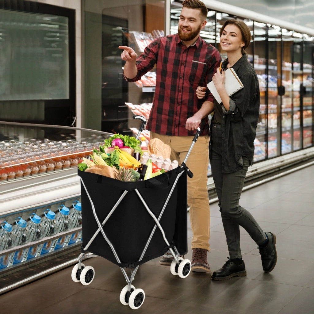Carrello pieghevole con ruote fodera in tessuto oxford rimovibile impermeabile, Carrello della spesa leggera Nero-Strumenti cucina