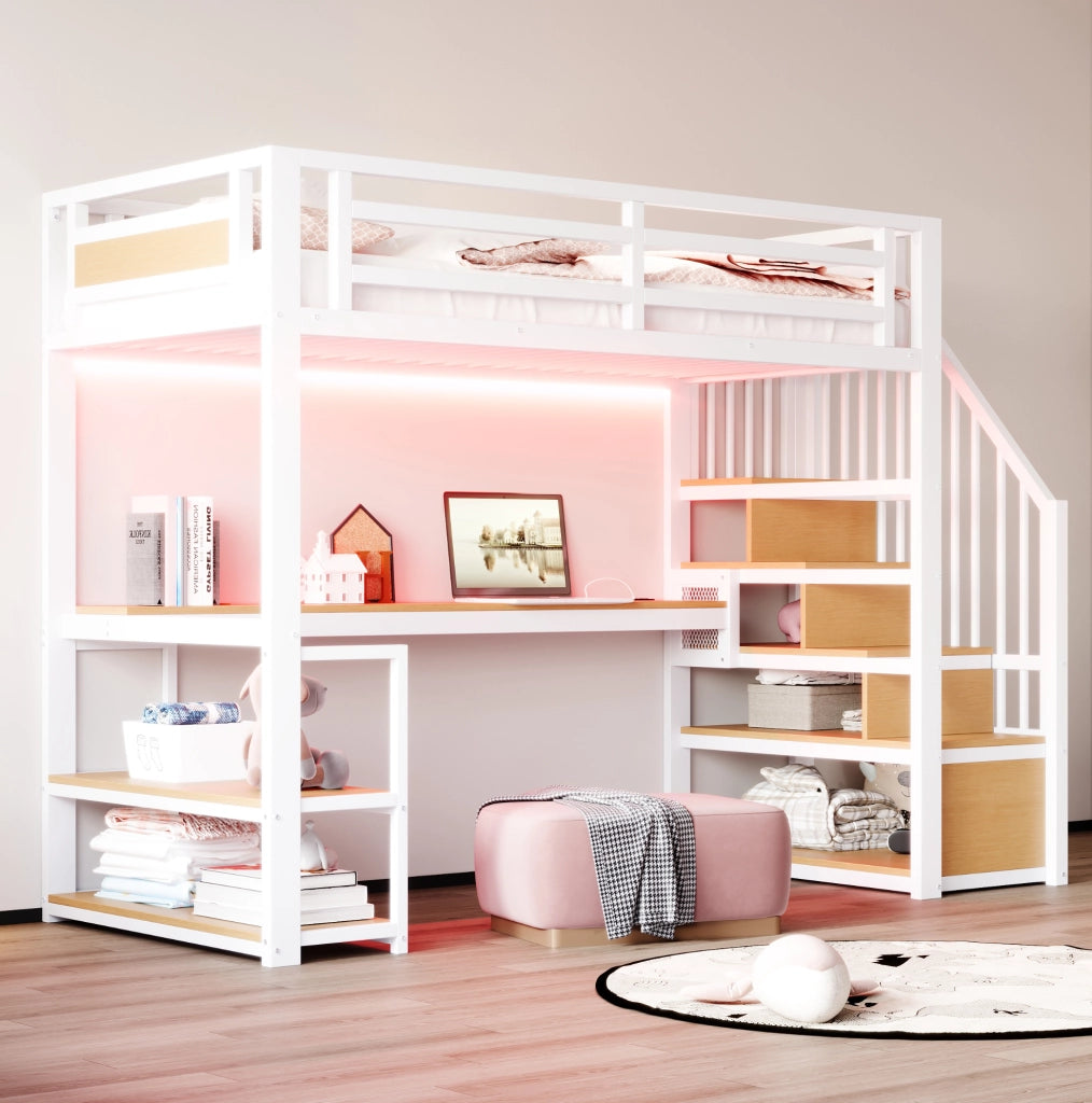 Letto a soppalco in metallo 90x200 cm con scrivania; scaffali e scala contenitore; bianco