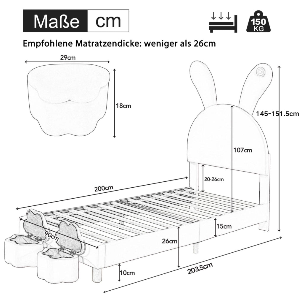 Letto singolo imbottito 90x200 cm in velluto rosa con LED; sponde contenitore e testiera regolabile