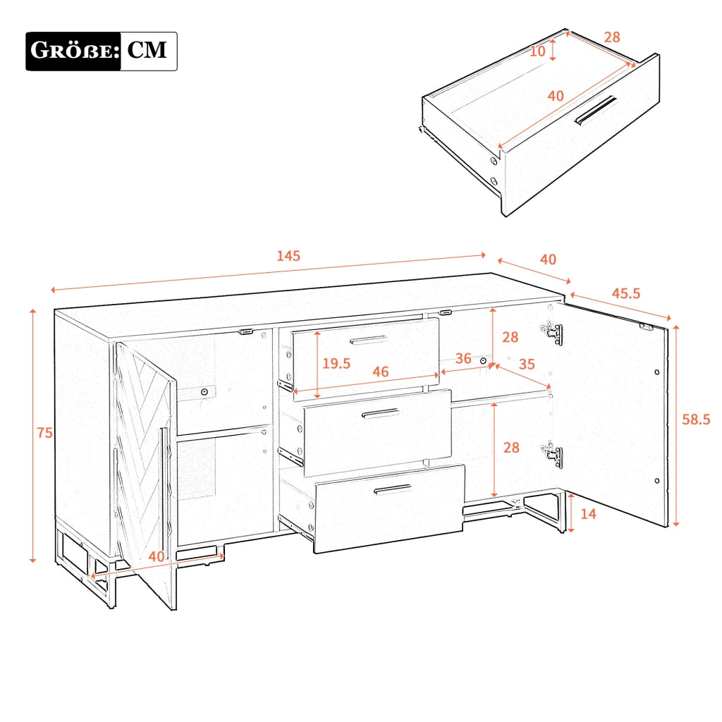 Credenza con 2 ante; 3 cassetti e ripiani regolabili per soggiorno in MDF e PB 145×40×75 cm bianco