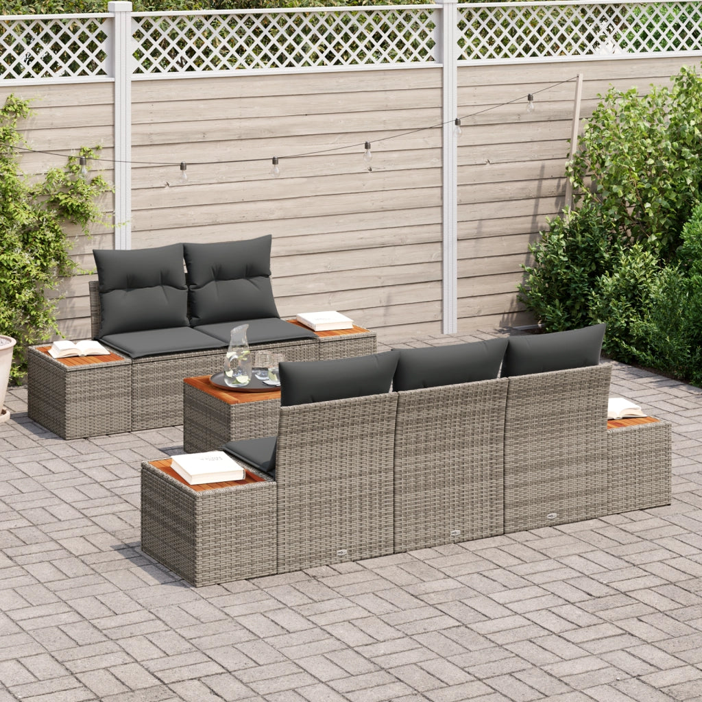 Set Divano da Giardino da 6 Pezzi con Cuscini Grigio Rattan Acacia