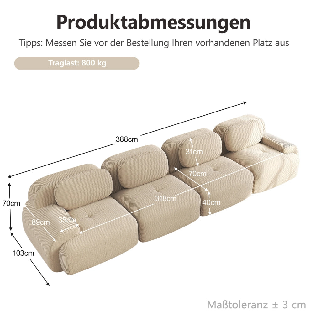 Divano angolare modulare 4 posti 388x103x70 cm in tessuto a coste beige