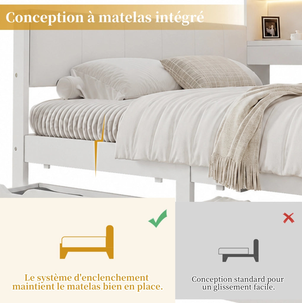 Letto singolo e matrimoniale 140x200 cm con LED; porte USB; cassetti e vani; bianco