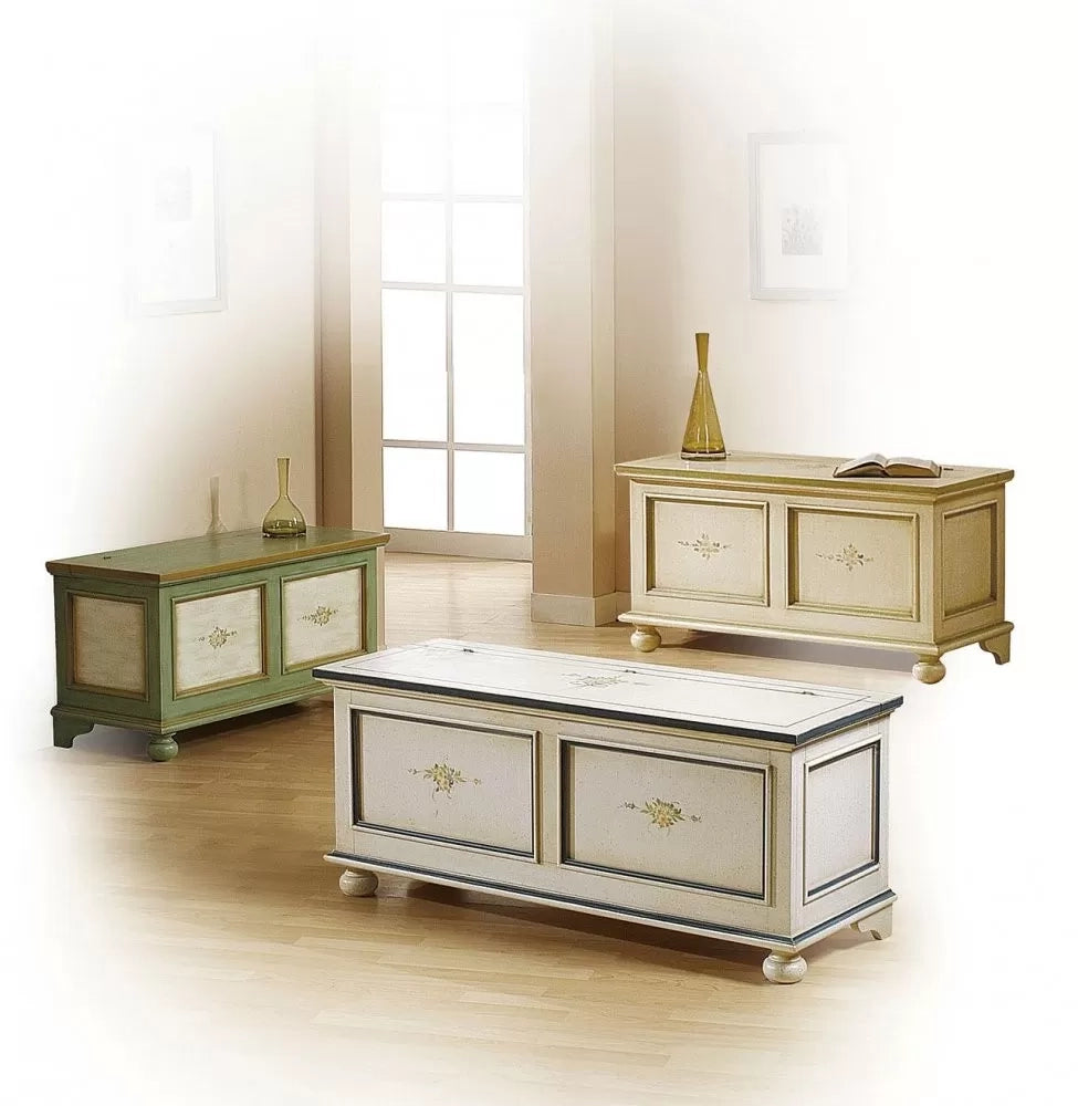 Cassapanca in legno bianco con profilo azzurro l.100 x p.44 h.51 (1348) - Mobili 2G