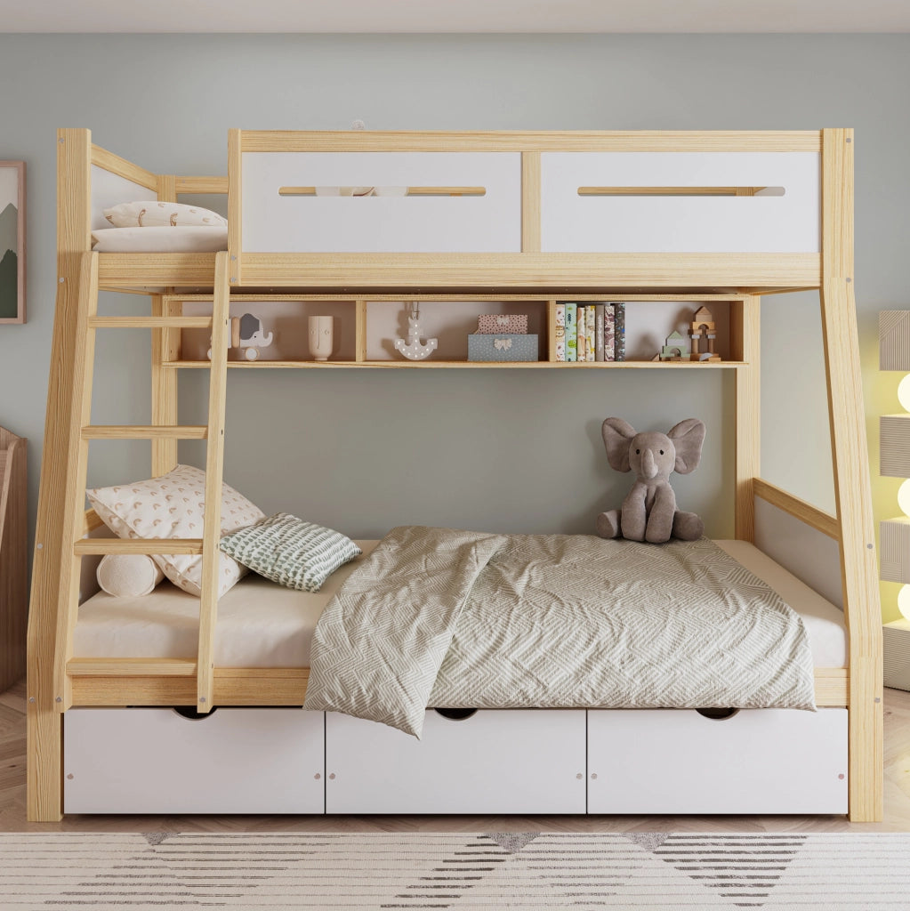 Letto a castello per bambini con 3 cassetti, libreria e sponda di sicurezza