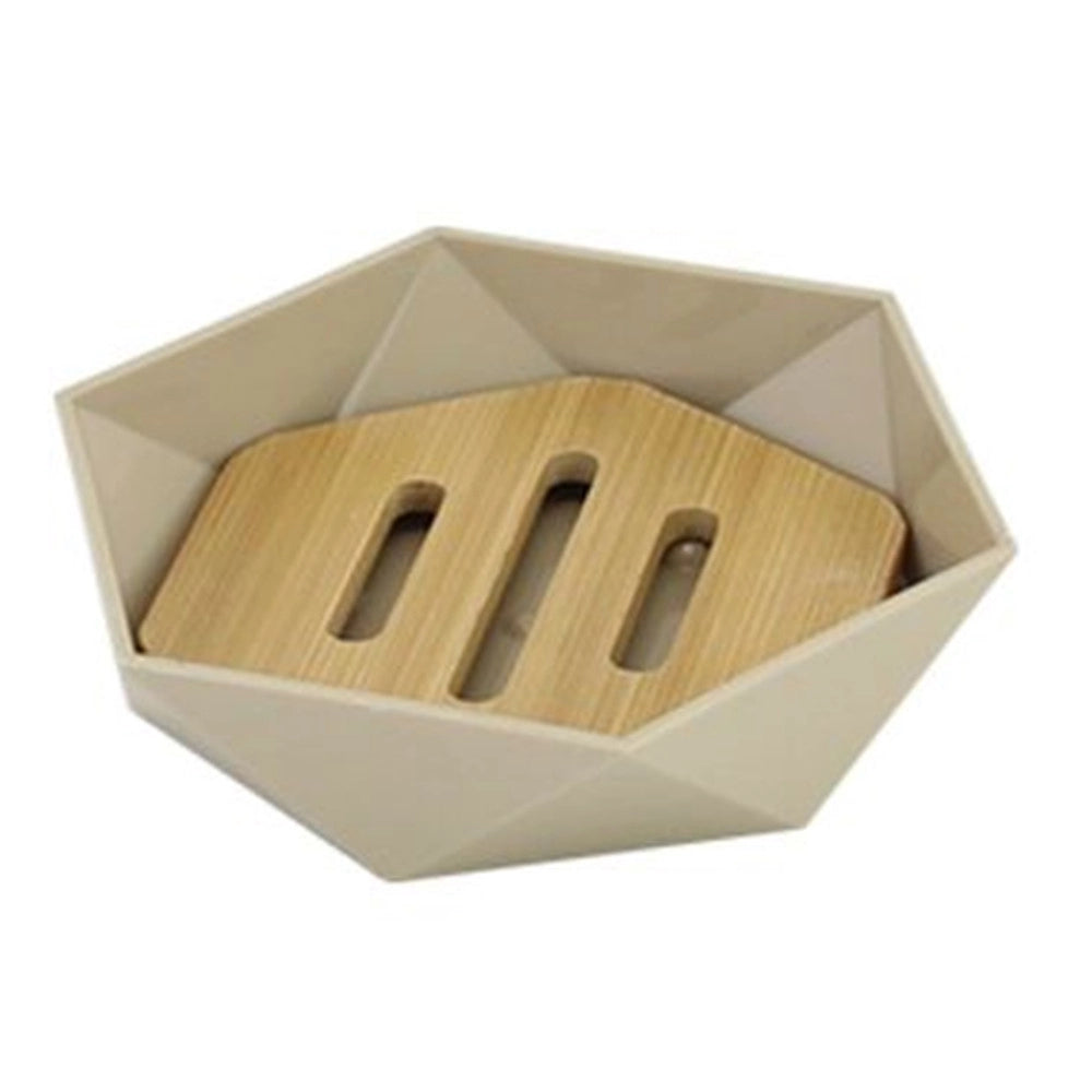 Trade Shop - Piattino Porta Sapone Saponetta Forma Esagonale Geometrico Beige Legno Da Bagno 10843 -