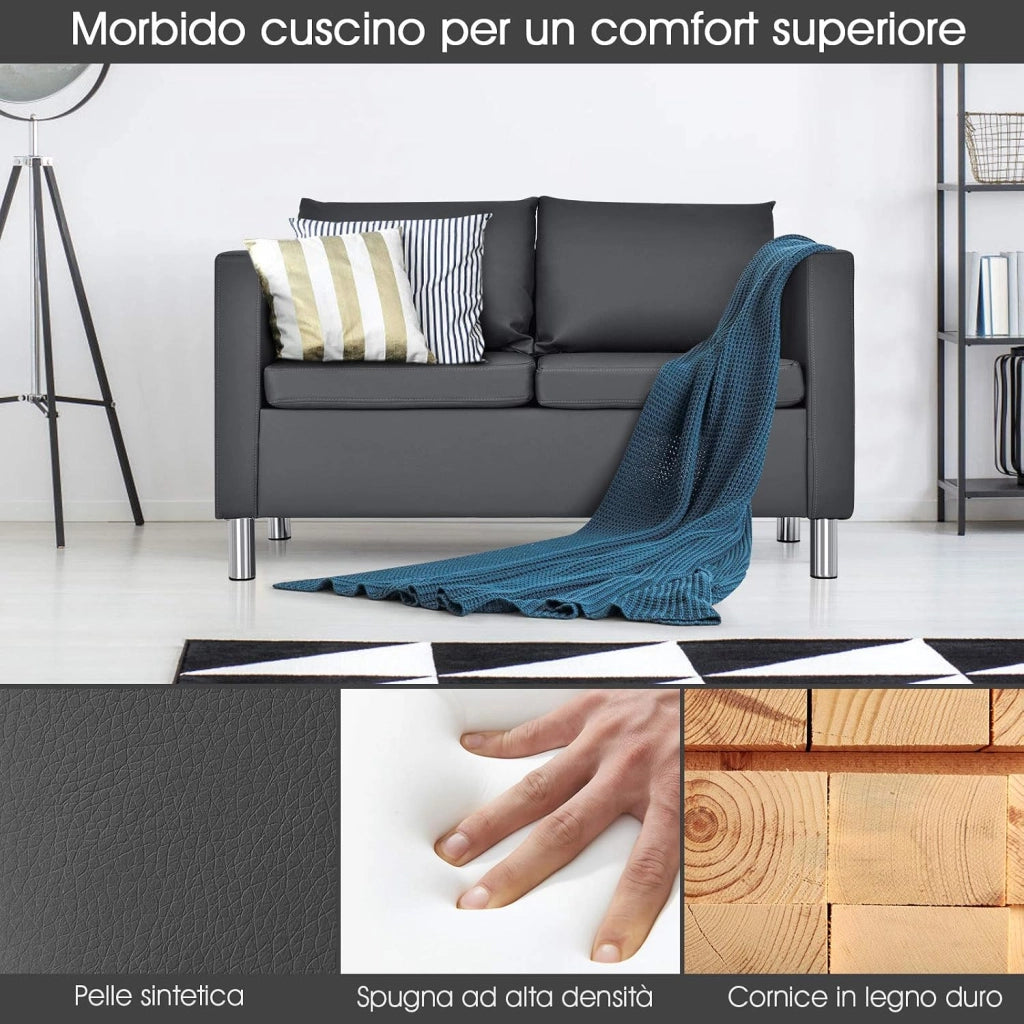 Divano a 2 Posti, Divano Moderno con Cuscino Morbido, Gambe in Legno di Gomma, In Similpelle PU, Carico 240 kg, 120x60x62,5 cm