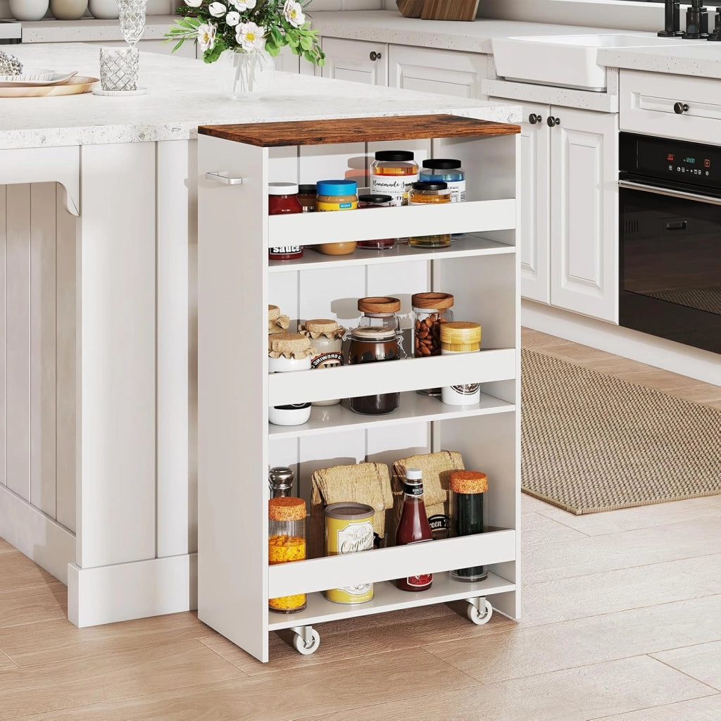 Carrello per Nicchia con Ruote, 4 Livelli，Carrello di Servizio Stretto Salvaspazio, da Bagno, Scaffale da Cucina Sottile 47,5 x 13 x 80,5 cm (Industriale+Bianco, Largo 25 cm)