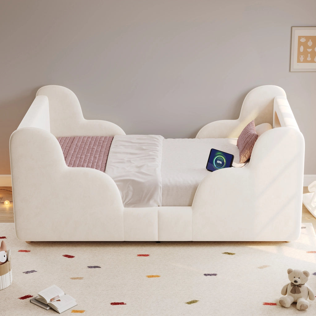 Letto singolo 90x200 cm in velluto beige con spondine imbottite, luci e porte USB, rete inclusa