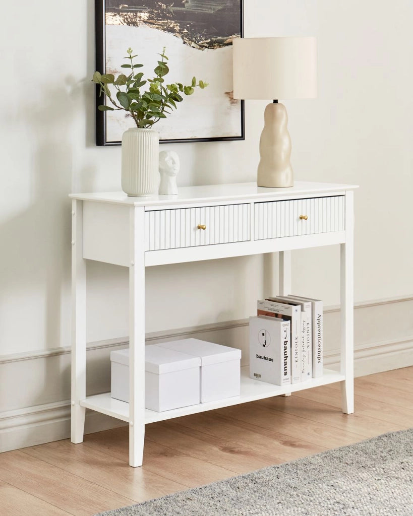 Consolle a 2 cassetti con 1 ripiano in MDF bianco Maniglie dorate Soggiorno elegante