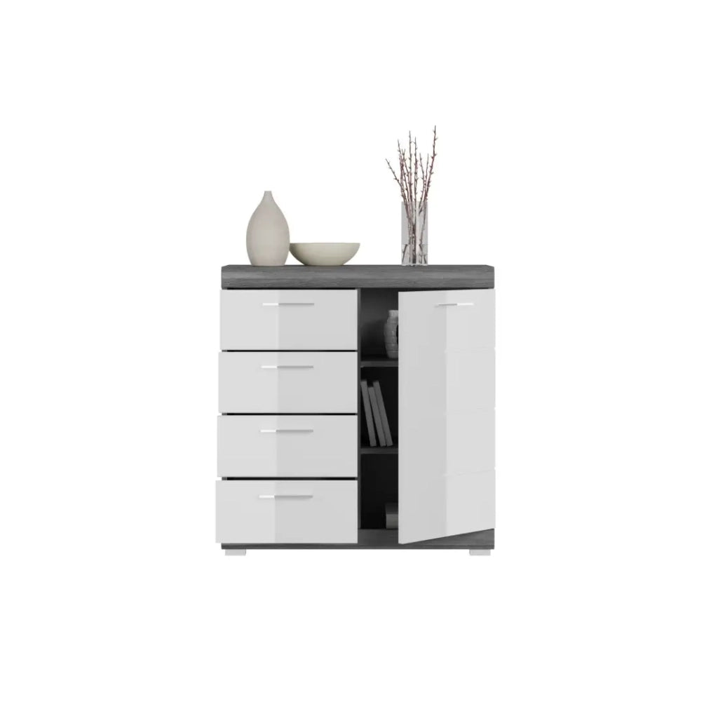 Buffet SCOTT – 4 cassetti e 1 porta – Grigio scuro e bianco – 80x85x37 cm