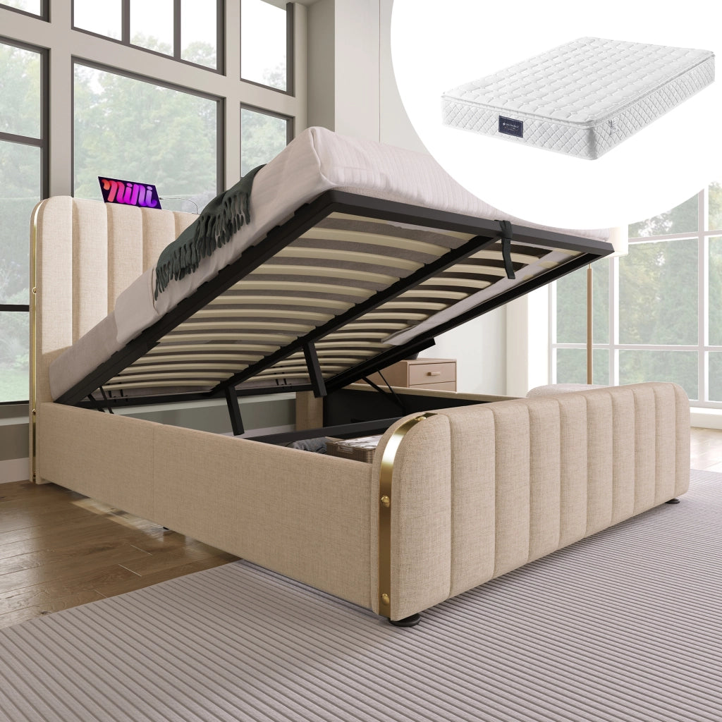 letto imbottito lino beige 140 x 200 cm