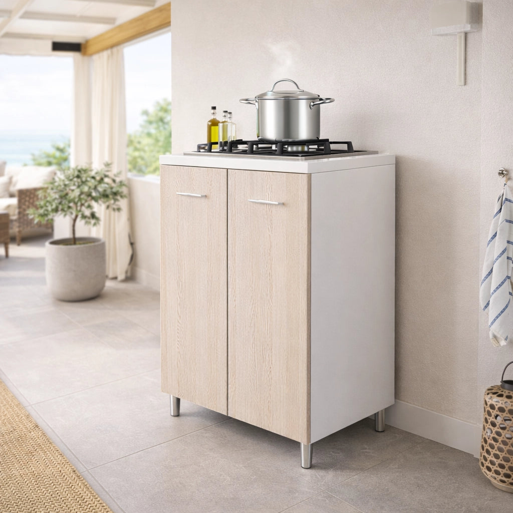 Mobile Mini Cucina 60x40 h85 con Piano Cottura Gas 2 Fuochi Gpl Acciaio Bianco Olmo