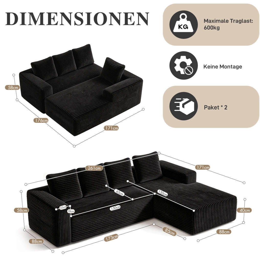 Divano componibile a L con chaise longue reversibile; 2 elementi; velluto a coste nero